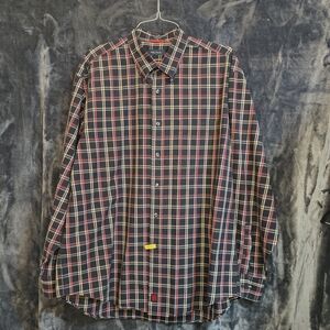 Nautica Men's Navy and Red Plaid Button-Down Shirt